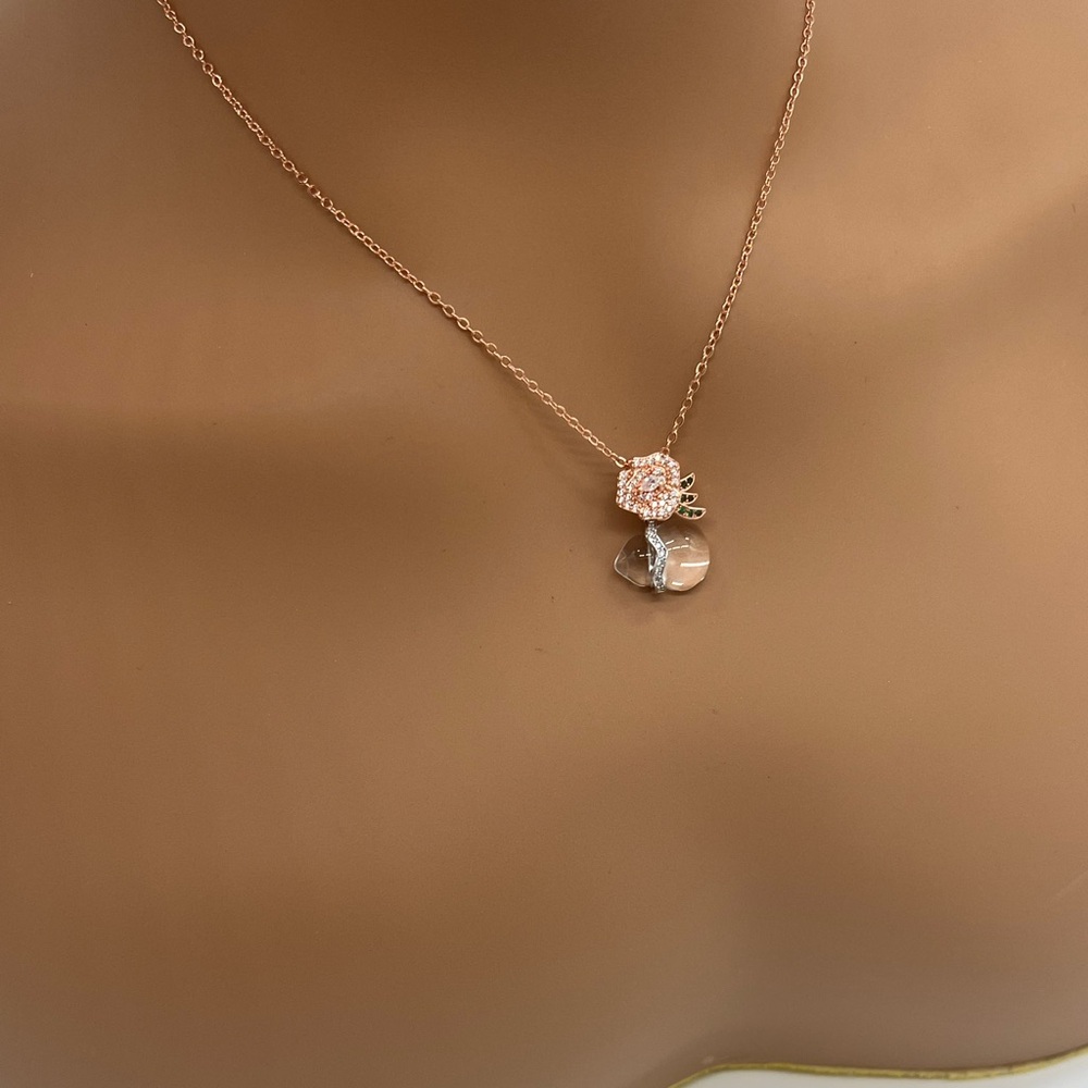 ROSE GOLD ROSE CZ GLASS PENDANT NECKLACE - Picture 3 of 4
